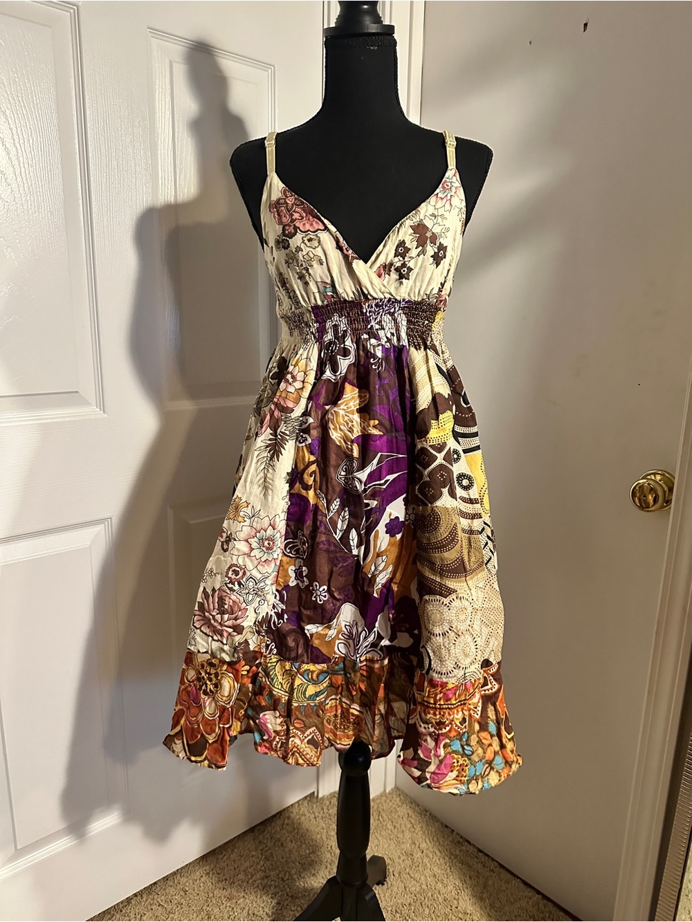 Derek Heart Floral Patchwork Midi Dress in Purple, Cream & Brown